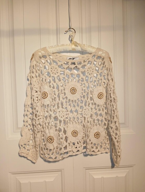 Sweaters - Crocheted, Beaded, Lace Like Openwork Sweater in Cream